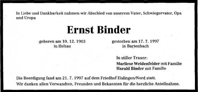 Binder Ernst 1903-1997 Todesanzeige